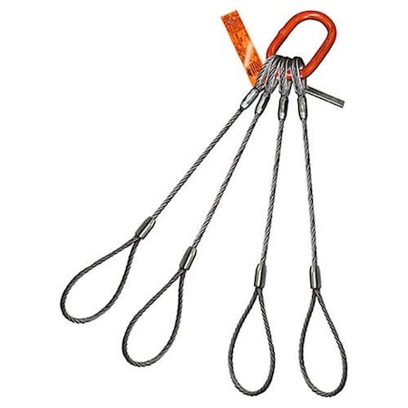 Hsi Four Leg Wire Rope Sling, 1 in dia, 12 ft Length, Flemish Loop, 34 ton Capacity, Domestic 400FL1XD-12